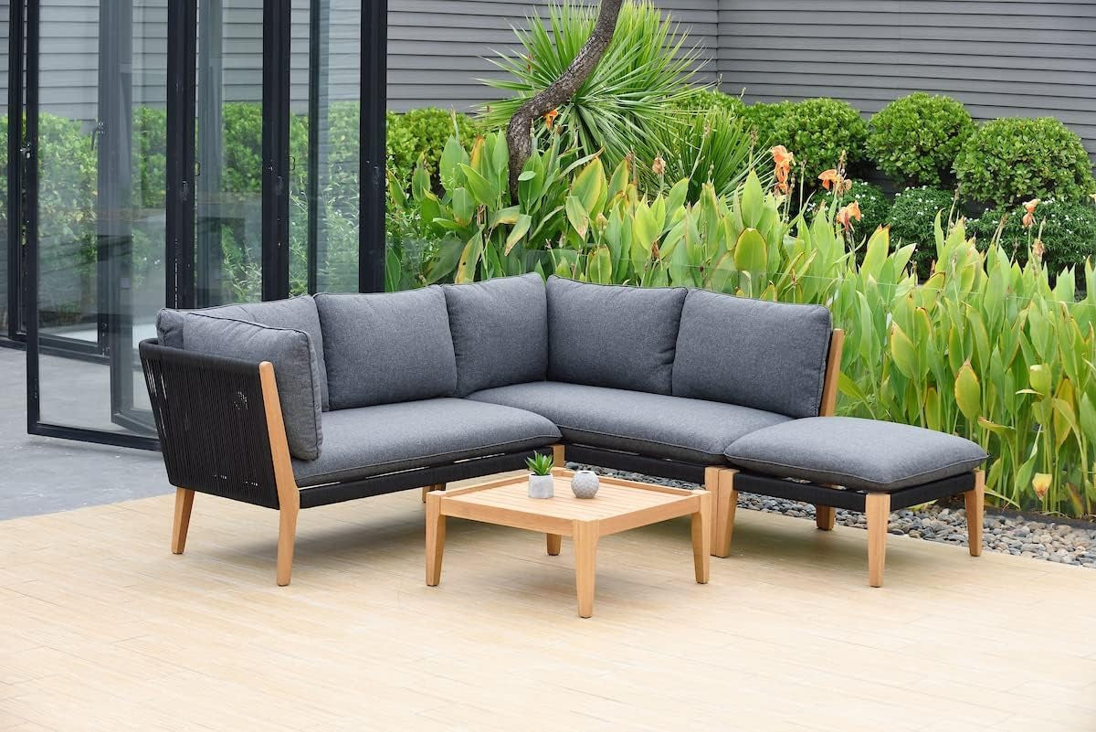 Kentucky 5-Piece Patio Sectional Set | Teak Finish, Weather Resistant Black Cushions