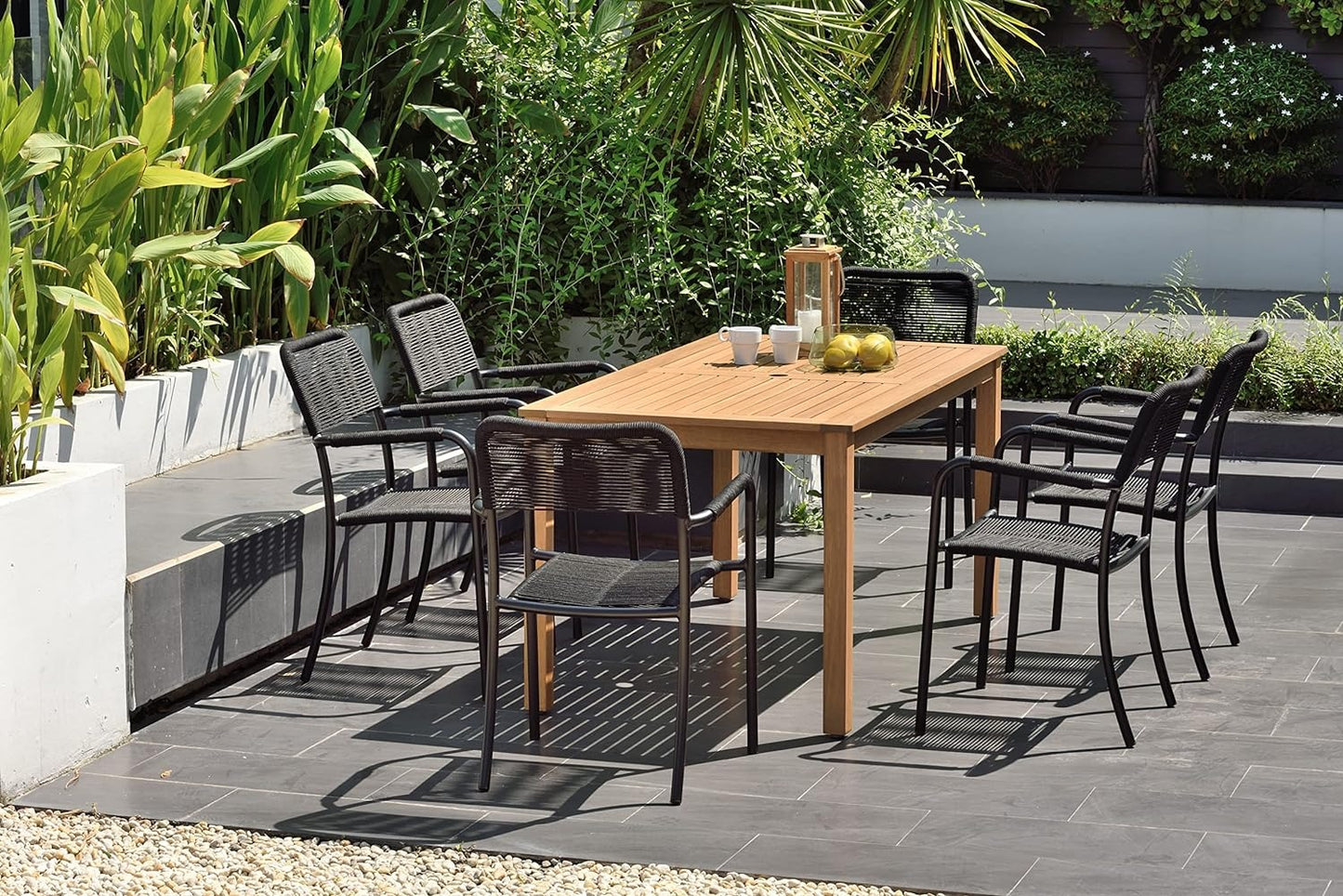 Eternal Patio Set | Teak Finish, Aluminum Chairs | Outdoor Dining, 7-Piece Black