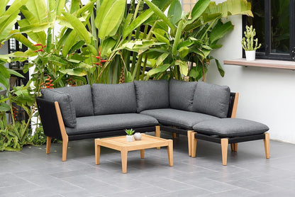 Kentucky 5-Piece Patio Sectional Set | Teak Finish, Weather Resistant Black Cushions