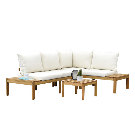 Queens Patio Sectional Set | Teak Finish and Weather Resistant Off-White Cushions| Durable and Ideal for Outdoors