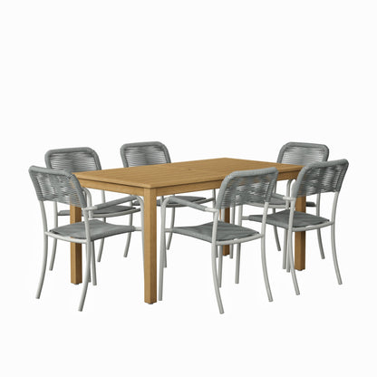 Eternal Patio Set | Teak Finish, Aluminum Chairs | Outdoor Dining, 7-Piece Grey